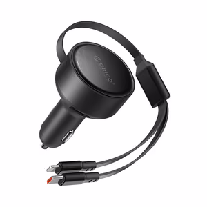 Orico Dual Stretch 60W USB-C automobilinis įkroviklis su dviem sutraukiamais USB-C + Lightning laidais - juodas