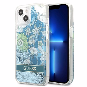 Guess GUHCP13SLFLSN iPhone 13 mini 5.4" žalias/žalias kietasis dėklas su gėlių skysčio blizgučiais