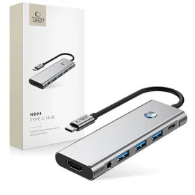 Tech-Protect HB04 HUB adapteris 9in1 USB-C + USB2.0 + USB3.0 + HDMI 4K 60Hz + SD / TF + PD100W + AV3.5 - pilkas