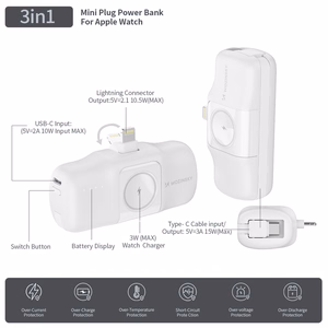 Wozinsky WF16-YLS 5000mAh 15W Lightning mini išorinė baterija su įmontuotu USB-C kabeliu ir Apple Watch įkrovikliu - balta