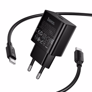 Telefono įkroviklis Hoco USB C QC PD 25W + laidas USB C į USB C N76 juodas