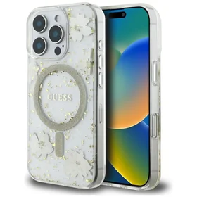 Guess Dėklas telefonui su derva gėlėmis ir blizgučiais Magnetinis iPhone 16 Pro - smėlinis