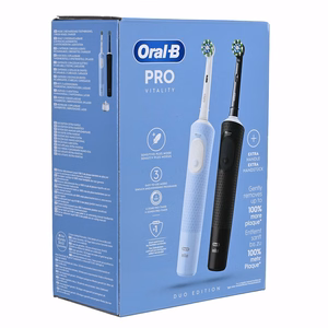 Oral-B Vitality Pro Duo – įkraunamas elektrinis dantų šepetėlis, 2 galvutės, 3 valymo režimai, juodas, mėlynas ir baltas