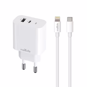 "Maxlife MXTC-06-20AC PD QC įkroviklis 1x USB-C 1x USB 20W baltas + USB-C - Lightning kabelis 20W