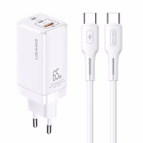 USAMS Tinklo įkroviklis MT 2XUSB-C+USB GAN 65W T33 PD + Laidas USB-C-USB-C 100W FAST CHARGING baltas MTXLOGTC02