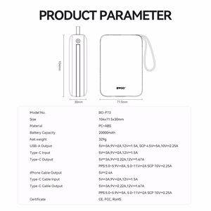 BWOO išorinė baterija P73 22.5W 20000 mAh with 2 built-in cables 1 x USB-C 1 x Lightning juodas