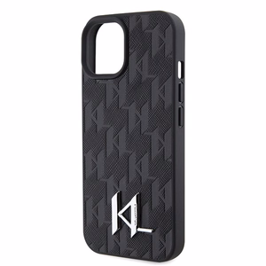 Karl Lagerfeld KLHCP15SPKLPKLK iPhone 15 / 14 / 13 6.1" juodas/juodas kietas dėklas Odinė monograma karštas štampas metalinė logotipas