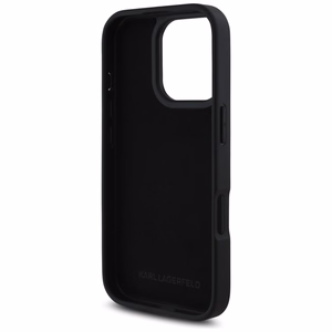 Karl Lagerfeld HC Grūdinto PU dėklas su kortelių skyriumi ir metaliniu Elong iPhone 16 Pro - juodas