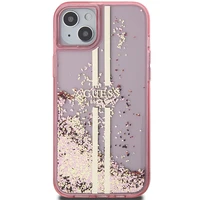 Guess Liquid Glitter Gold Stripes dėklas telefonui iPhone 15 Plus / 14 Plus - rožinis