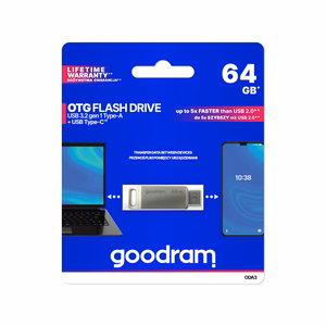 Goodram USB ir USB-C atmintinė, 64 GB, sidabrinė