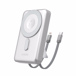 Dudao K29 10000mAh PD 20W Magnetinė išorinė baterija su metaliniu dėklu, stovu ir įmontuotais USB-C/Lightning kabeliais - sidabrinė