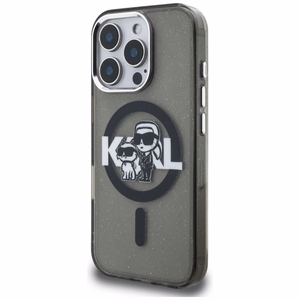 Karl Lagerfeld IML Glitter Karl & Choupette Sketch Logo MagSafe dėklas iPhone 16 Pro - juodas