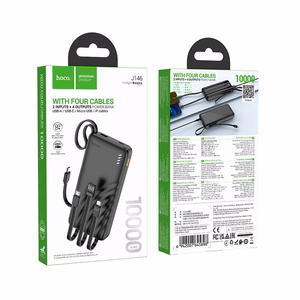Išorinė baterija Hoco 10000 mAh 2A su keturiais integruotais laidais USB A + USB C + Lightning + Micro USB J146 juoda