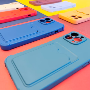Kortelių šarvuotas dėklas telefonui iPhone 13 Pro Max, silikoninis oro pagalvės tipo dėklas su kortelių laikikliu, oranžinis