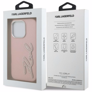Karl Lagerfeld FW Grained Signature Logo Dėklas iPhone 16 Pro Max - rožinis