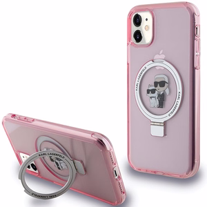 Karl Lagerfeld Magnetinis dėklas telefonui su žiediniu stovu Karl&Choupette MagSafe iPhone 11 / Xr - rožinė