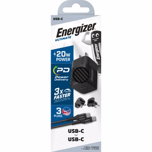 Energizer Ultimate A20MUC GaN kelioninis tinklo įkroviklis su EU / UK / US kištukais, USB-C, 20 W PD, su USB-C laidu, juodas