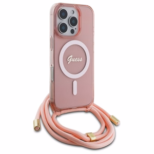 Guess Crossbody Cord Script Magnetinis dėklas iPhone 16 Pro - rožinis