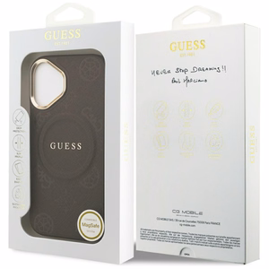 GUESS dėklas telefonui IPHONE 17, suderinamas su MagSafe GUHMP17SPSAMSECW (PU W/ Peony Hot Stamp) rudas