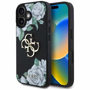 Guess Grained Roses Big 4G logo dėklas telefonui iPhone 16 - juodas