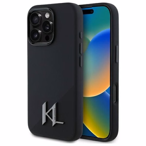 Karl Lagerfeld Silicone Shadow Metal Initial Magnetinis iPhone 16 Pro dėklas - juodas