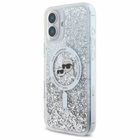 Karl Lagerfeld Liquid Glitter Karl & Choupette Head Magnetinis iPhone 16 Plus dėklas - skaidrus