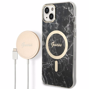 Rinkinys Guess GUBPP14SHMEACSK dėklas + įkroviklis iPhone 14 6.1" juodas/kietas dėklas Marmuras Magnetinis