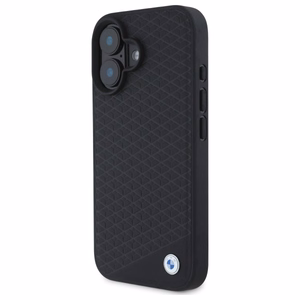 BMW ženklas odinis deimantinis metalinis logotipas magnetinis iPhone 16 dėklas - juodas