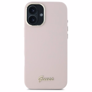 Guess Silikoninis Užrašas Metalinis Logo & Rėmelis iPhone 16 Plus Dėklas - rožinis