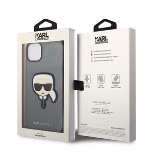 Karl Lagerfeld Saffiano Karl's Head Patch dėklas telefonui iPhone 14 Plus - sidabrinis