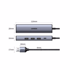 Ugreen CM475 daugiafunkcis šakotuvas USB 3.0 - 3x USB / Ethernet RJ-45 / USB Type-C PD - pilkas