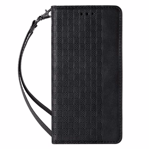Magnetinis dėklas telefonui Samsung Galaxy S22+ (S22 Plus) su dirželiu, pinigine ir mažu pakabuku - juodas