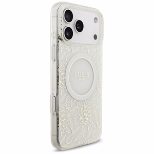 Guess IML MagSafe dėklas su gėlių raštu, metalizuota apdaila ir perlų dirželiu, skirtas iPhone 18 Pro Max / 17 Pro Max, baltas