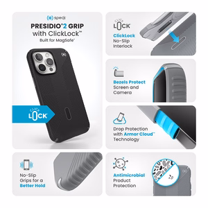 Speck Presidio2 Grip ClickLock & MagSafe dėklas, skirtas iPhone 16 Pro Max, juodas / skalūno pilkas / baltas