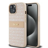 DKNY Odinis mono juosta ir metalinis logotipas dėklas telefonui iPhone 15 Plus / 14 Plus - rožinis