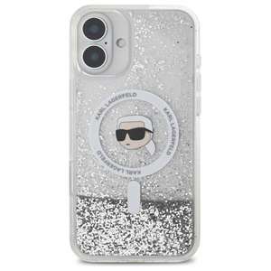Karl Lagerfeld skystas blizgučių Karl galvos MagSafe dėklas iPhone 16 Plus - skaidrus