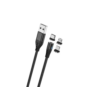 Maxlife MXUC-02 magnetinis kabelis USB - Lightning + USB-C + microUSB 1,0 m 2A juodas nailonas