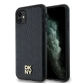 DKNY odinis monogramos raštas metalinis logotipas magnetinis dėklas iPhone 11 / Xr - juodas