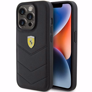 Ferrari dygsniuotas metalinis logotipo dėklas telefonui iPhone 15 Pro – juodas