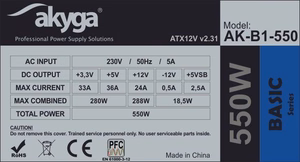 Akyga AK-B1-550 maitinimo blokas 550 W 20+4 pin ATX ATX pilkas