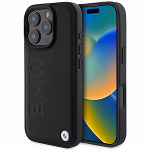 BMW Leather Hot Stamp MagSafe dėklas iPhone 16 Pro - juodas