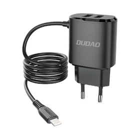 Dudao įkroviklis 2x USB su įmontuotu 12W Lightning kabeliu juodas (A2ProL juodas)