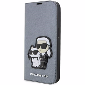 Karl Lagerfeld KLBKP14LSANKCPG iPhone 14 Pro 6.1" knygos tipo dėklas sidabrinis Saffiano Karl & Choupette