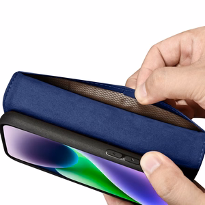 iCarer Piniginės dėklas 2in1 viršelis iPhone 14 Plus Anti-RFID odinis atverčiamas dėklas mėlynas (WMI14220727-BU)