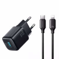 Joyroom JR-TG7 33W USB-A + USB-C sieninis įkroviklis su 30W USB-C - Lightning 1m laidu - juodas