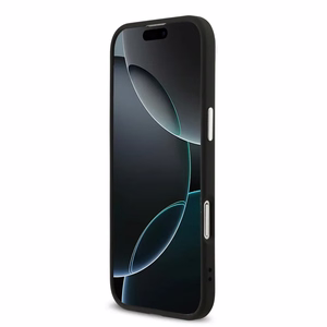 GUESS dėklas telefonui IPHONE 17 GUHCP17SP4G4SMCK (4G PU odos dėklas su dideliu 4G ir klasikiniu logotipu bei sidabriniu metaliniu kameros rėmeliu) juodas