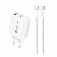 A6MaxL 20W USB-A USB-C sieninis įkroviklis su USB-C - USB-C 1m kabeliu – baltas