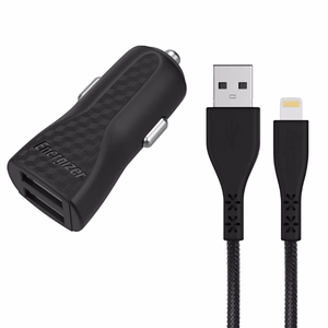 Energizer HardCase DC2CLLIM car charger, 2 × USB-A, 17 W / 3.4 A, with MFi-certified Lightning cable, black