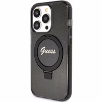 Guess dėklas telefonui su stovu Ring Stand Script Glitter magnetinis iPhone 15 Pro Max - juodas