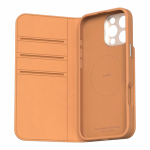 Moshi Overture MagSafe dėklas, skirtas iPhone 16 Pro, su nuimama veganiškos odos pinigine, „Caramel Brown“ spalvos